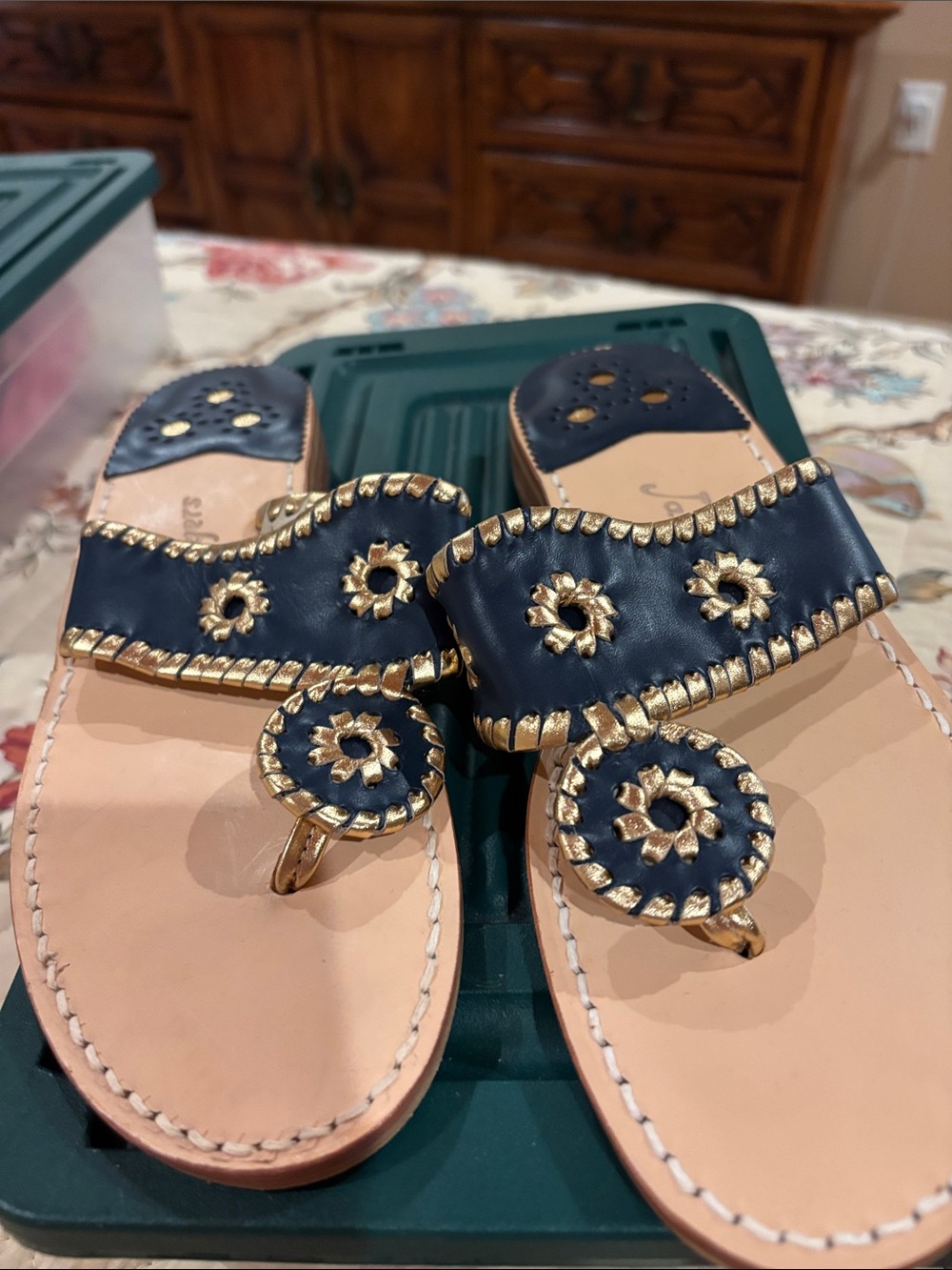 Women’s Navy and Gold Embellished Toe-Ring Sandals new Jack Rogers